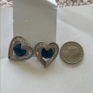 Vintage Silver Heart Earrings with Blue Inlay